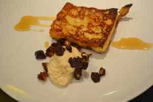 Veal Bacon, Goose fat Challah French Toast, Peanut Butter Mousse, and maplewood syrup
