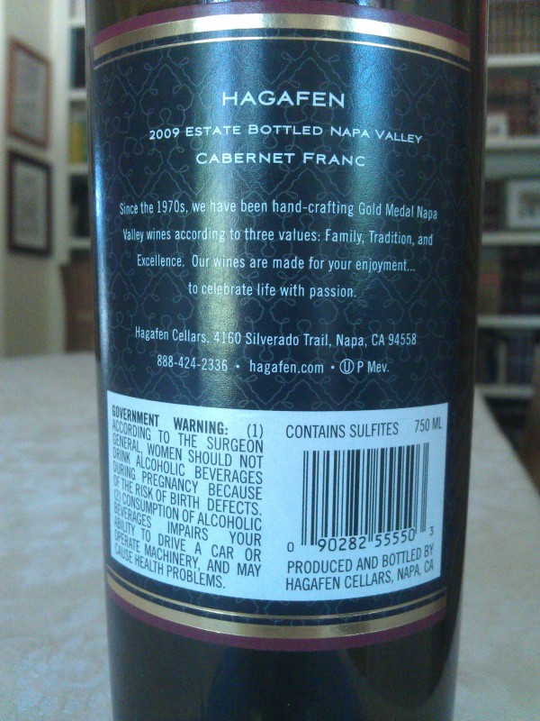 2009 Hagafen Cabernet Franc - back label